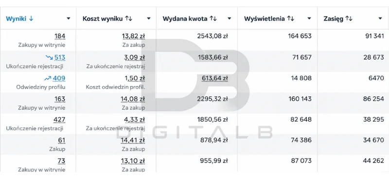 Tabela wyników Meta Ads z kampaniami sprzedażowymi: m.in. 184 zakupy po 13,82 zł i 513 ukończonych rejestracji po 3,09 zł